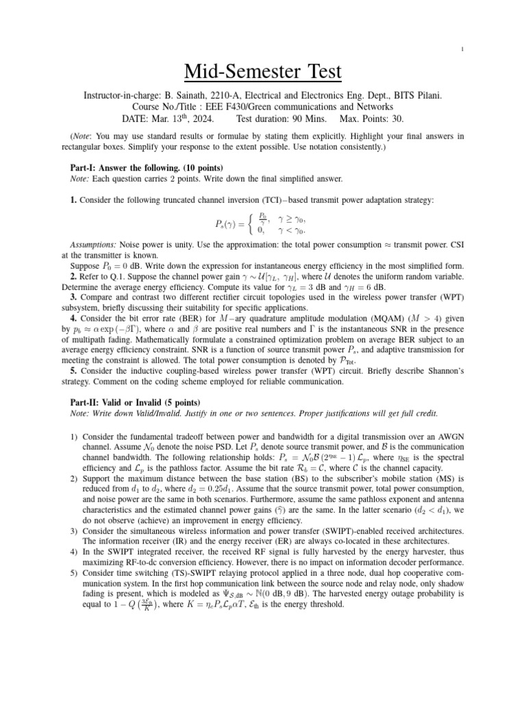 Bitspilani Gcn2024 Eee f430 Midsem Ans v2 | PDF | Telecommunications ...