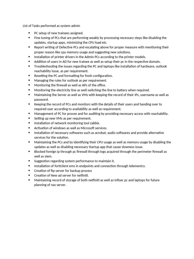 List of Tasks Performed As System Admin | PDF