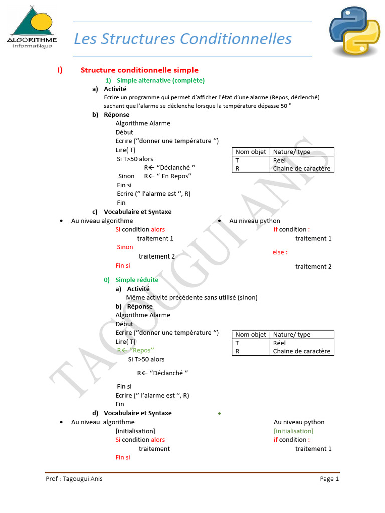 Cours Les Structures Conditionnelles | PDF | Programmation informatique ...