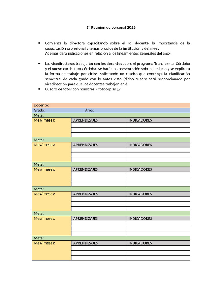 Cuadro Planificacion Semestral 2026 | PDF