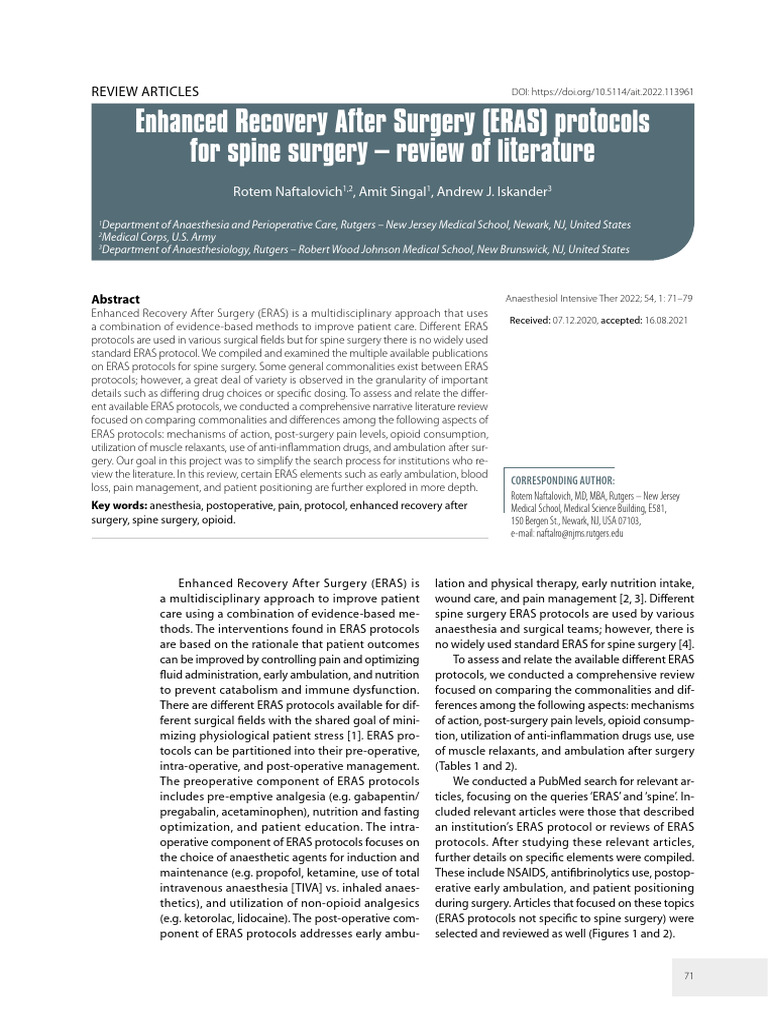 Enhanced Recovery After Surgery (ERAS) Protocols For Spine Surgery ...