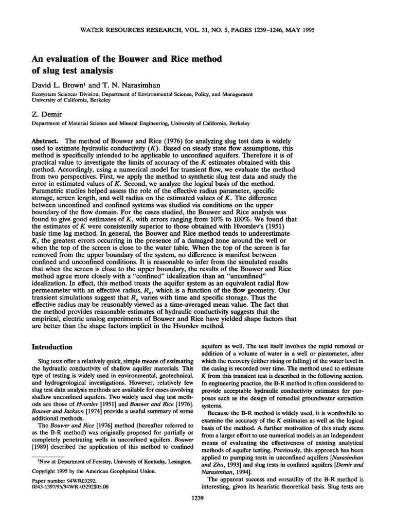 An Evaluation of The Bouwer and Rice Method of Slug Test Analysis | PDF ...