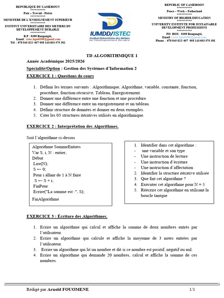 TD 1 Algorithmique | PDF | Ingénierie informatique | Génie logiciel
