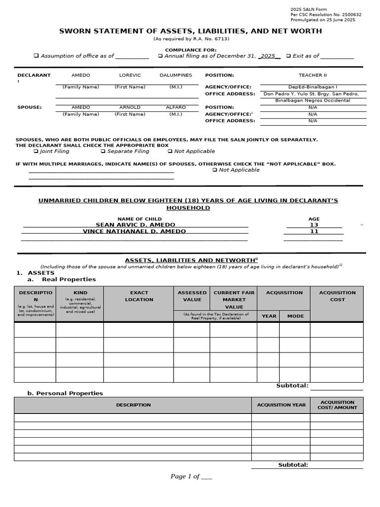 2025 Saln Form | PDF | Affidavit