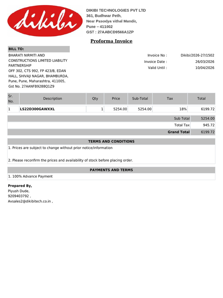 Quotation Proforma Invoice Dikibi 2026-27-1502 | PDF