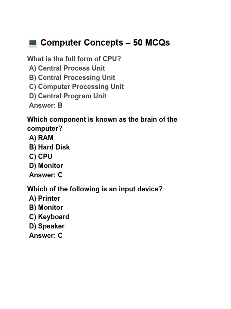 ? Computer Concepts - 50 MCQs | PDF | Computer Data Storage | Digital ...