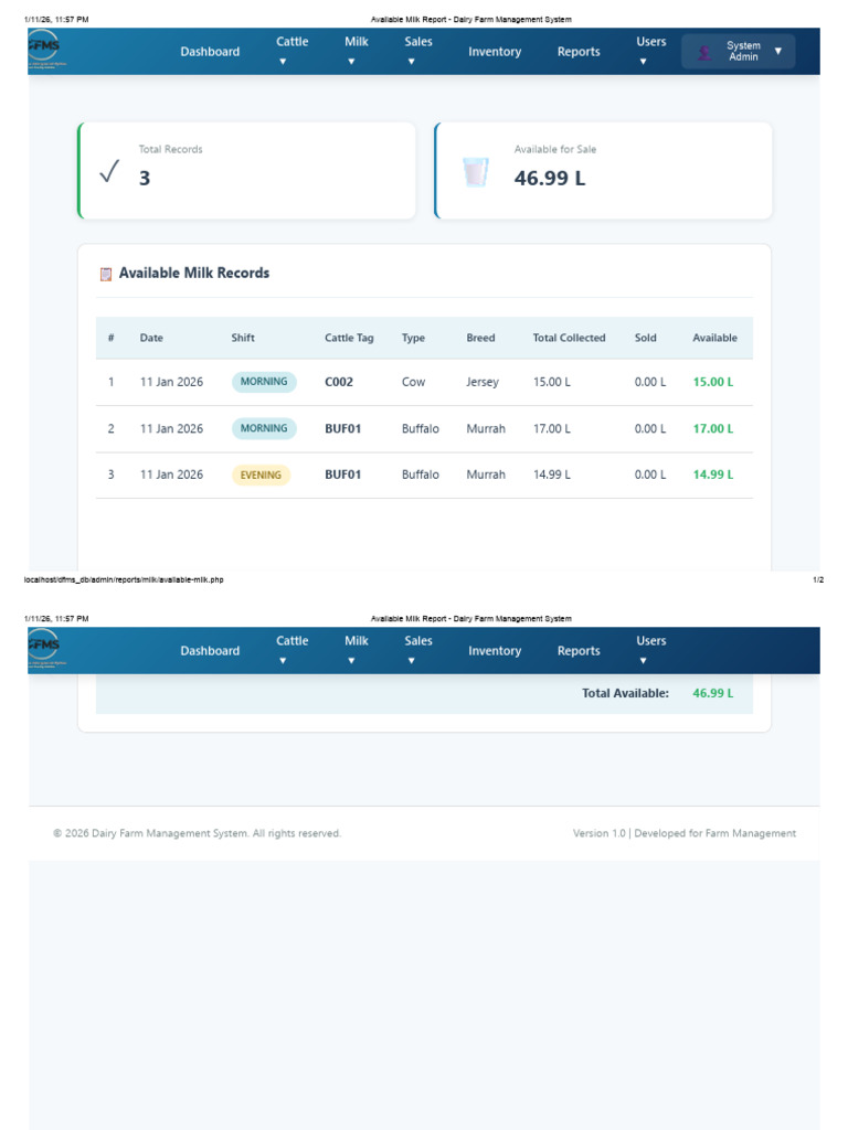 Available Milk Report - Dairy Farm Management System | PDF | Dairy ...
