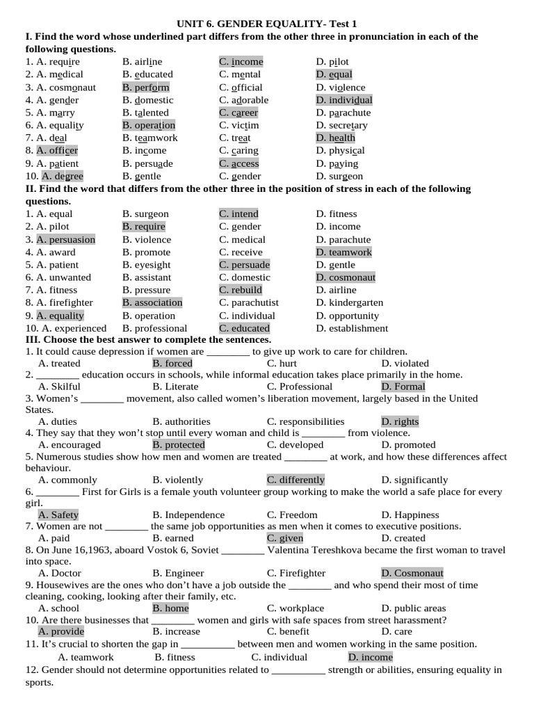 Grade 10 - UNIT 6 - Test 1 (Key) | PDF