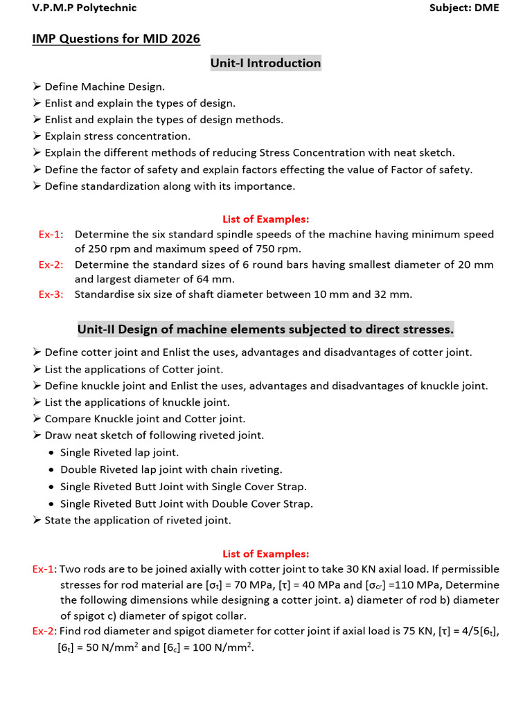 Questions Mid DME 2026 | PDF | Bending | Stress (Mechanics)