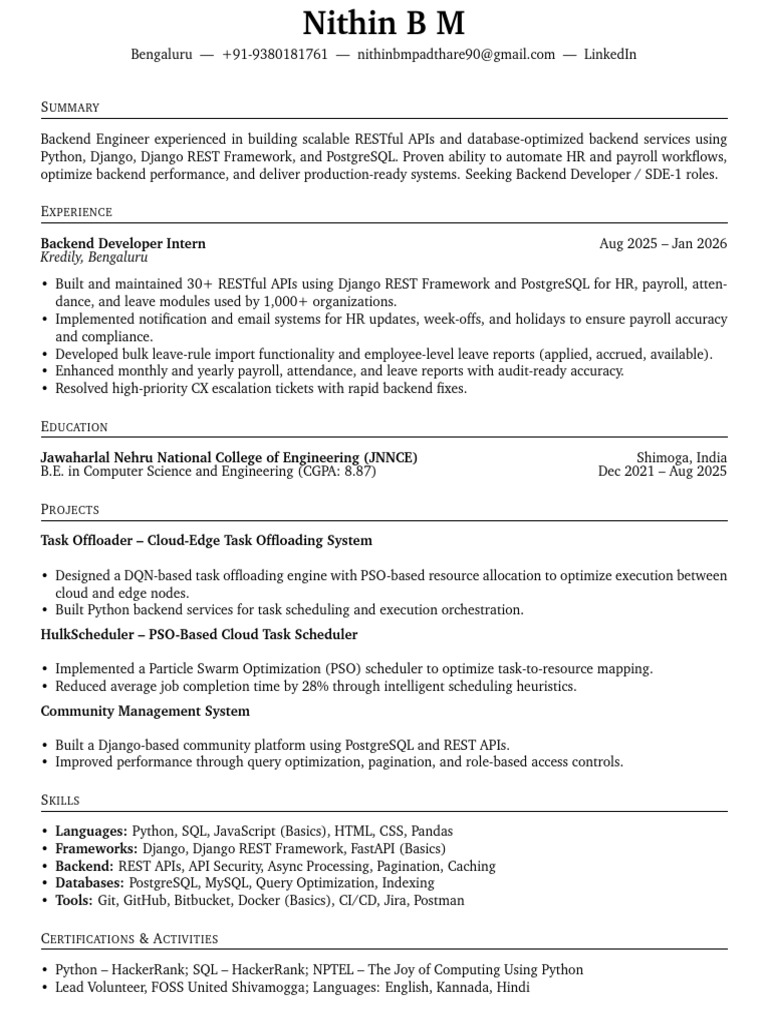Nithin B M Resume 2026 | PDF | Postgre Sql | Computing