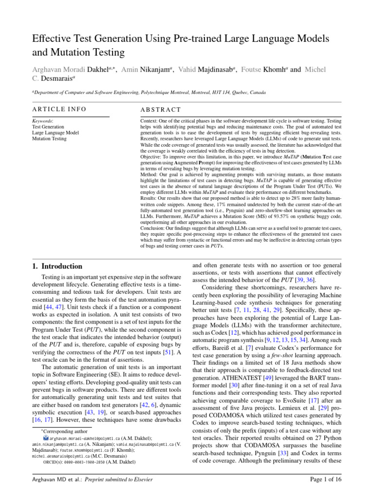 Effective Test Generation Using Pre-Trained Large Language Models | PDF