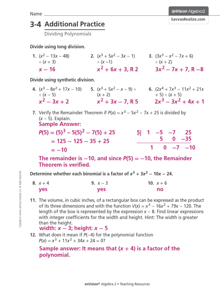 Answer Key - 3-4 - Additional Practice | PDF | Polynomial ...