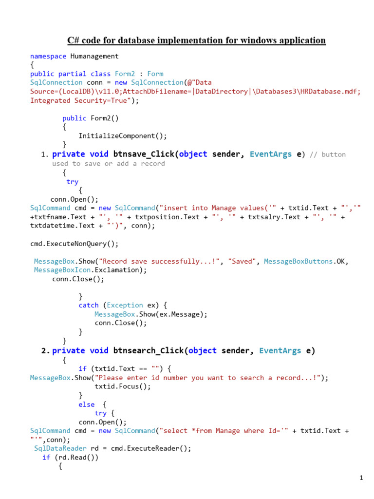 C# Database Implementation Code With The Connection Steps | PDF ...