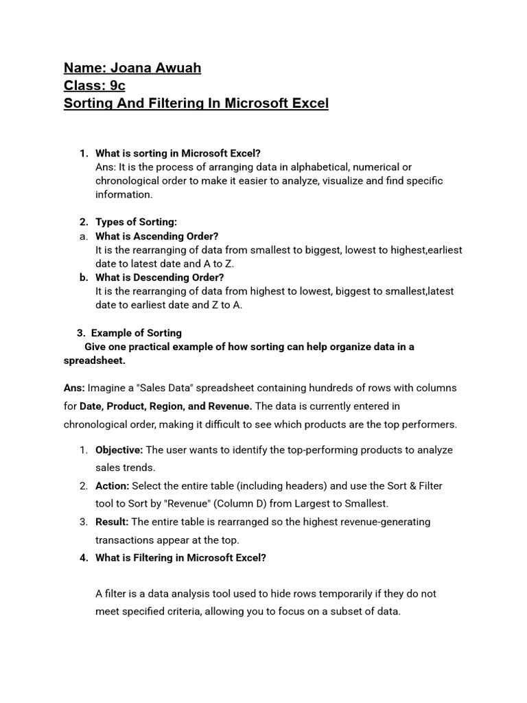 Sorting and Filtering in Microsoft Excel | PDF | Microsoft Excel ...