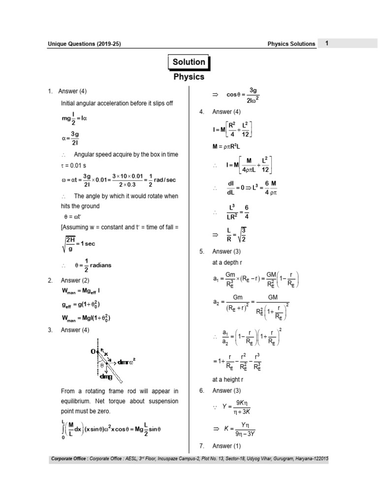 Unique Practice Questions - Physics (Sol.) | PDF | Motion (Physics ...