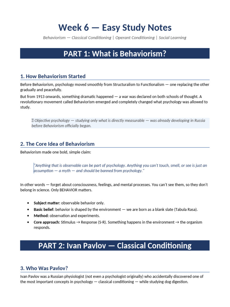 Week6 Behaviorism Notes | PDF | Classical Conditioning | Behaviorism