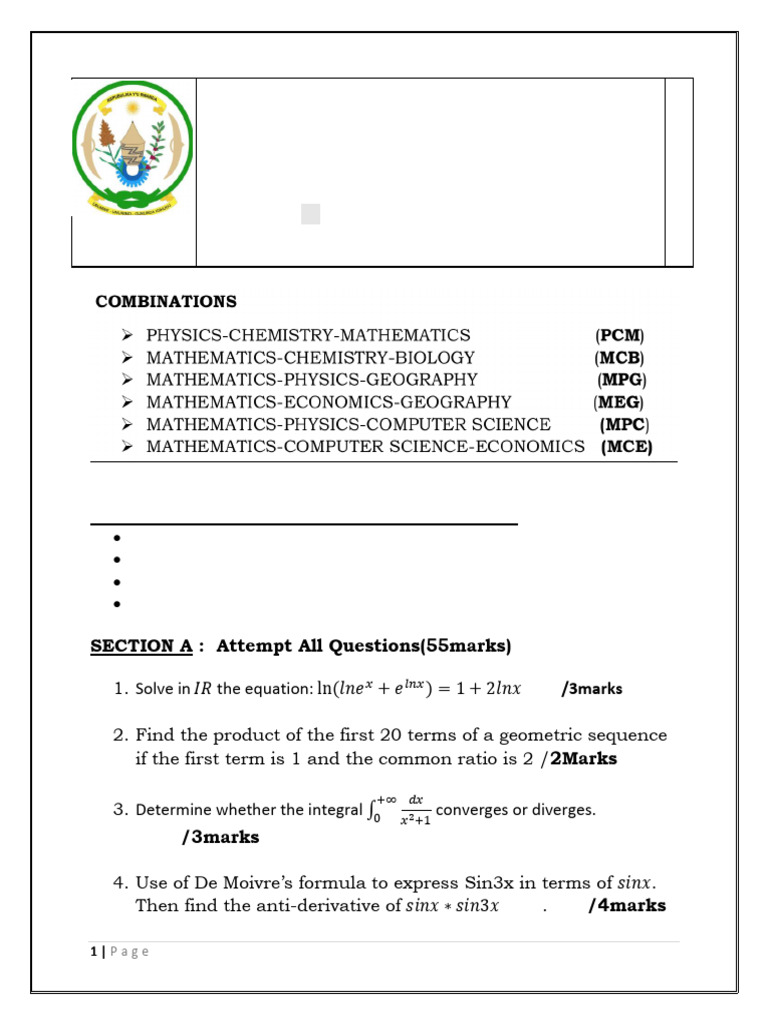Mathematics S6 Burera District Exam Core | PDF