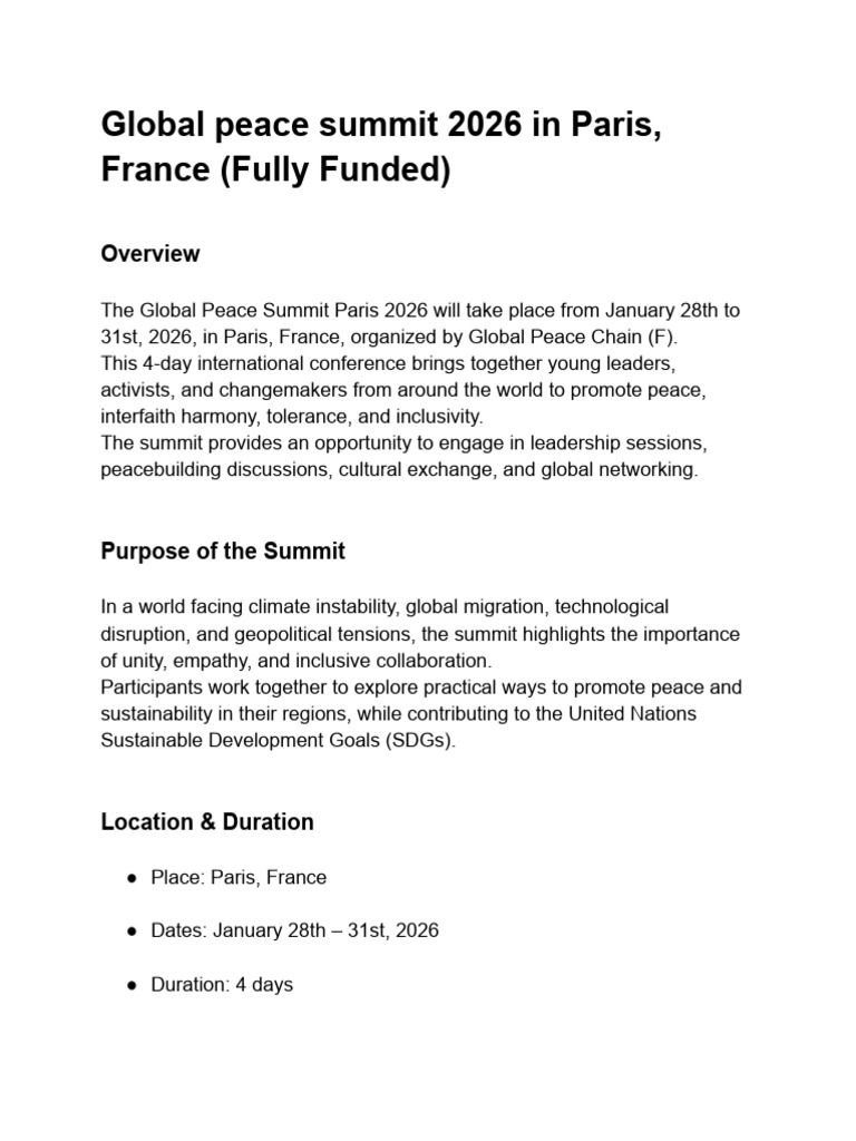 Global Peace Summit 2026 in Paris, France (Fully Funded) | PDF | Global ...