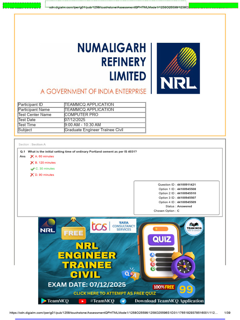 NRL Engineer Trainee Civil 7-12-2025 | PDF | Concrete | Stress (Mechanics)