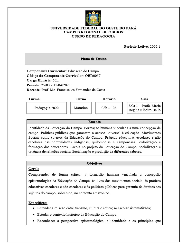 Plano de Ensino - Educao Do Campo | PDF