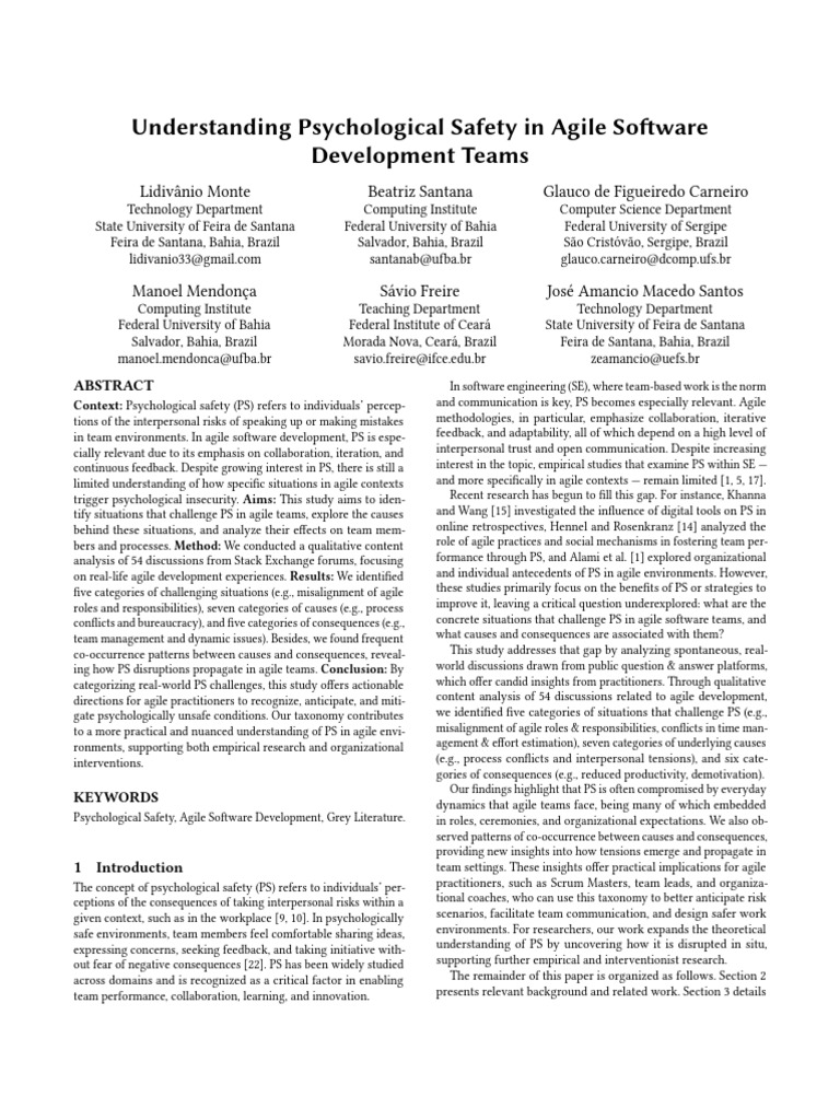 Understanding Psychological Safety in Agile Software Development Teams ...