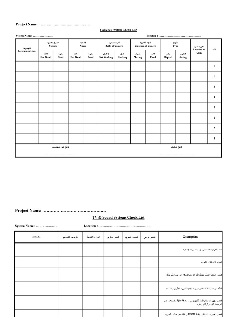 Cameras System Check List: Location of Cam Type Direction of Camera ...