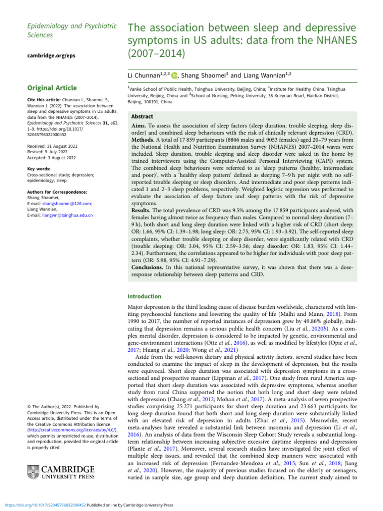 The Association Between Sleep and Depressive Symptoms in Us Adults Data ...