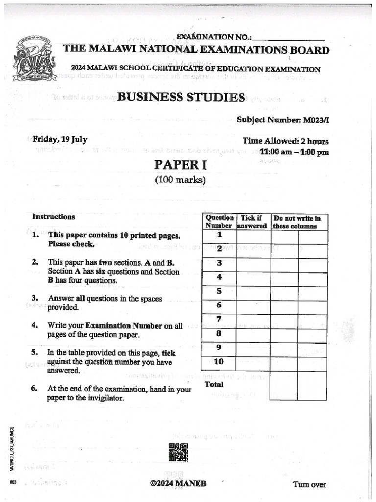 P 1 Business Maneb 2024 | PDF
