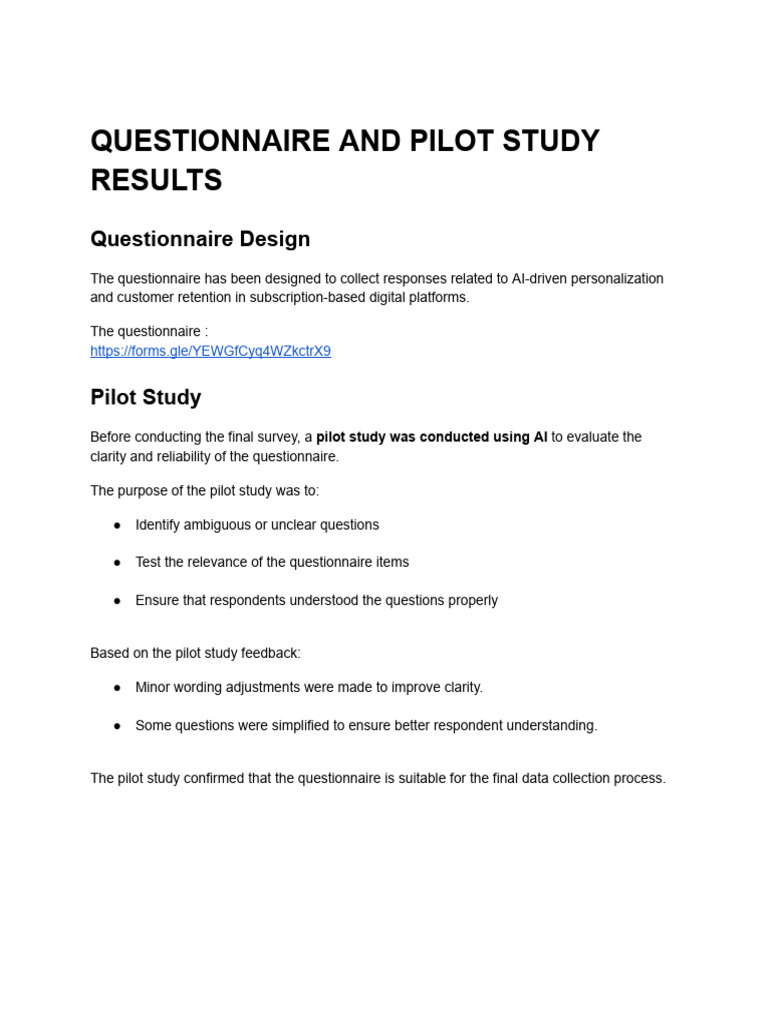 Questionnaire and Pilot Study Results | PDF