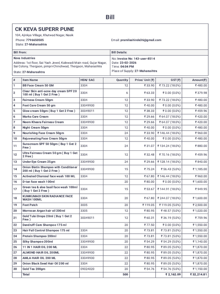 Purchase - Invoice No 143-User-8514 - 23-02-2026 | PDF | Shampoo ...