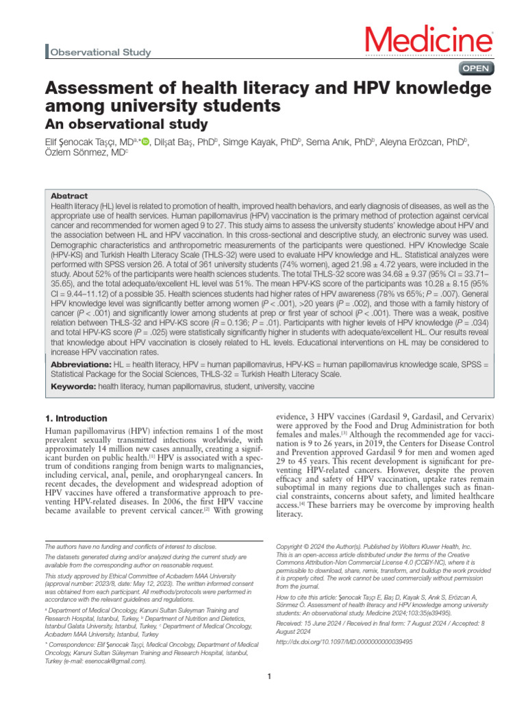 Assessment of Health Literacy and HPV Knowledge Among University ...