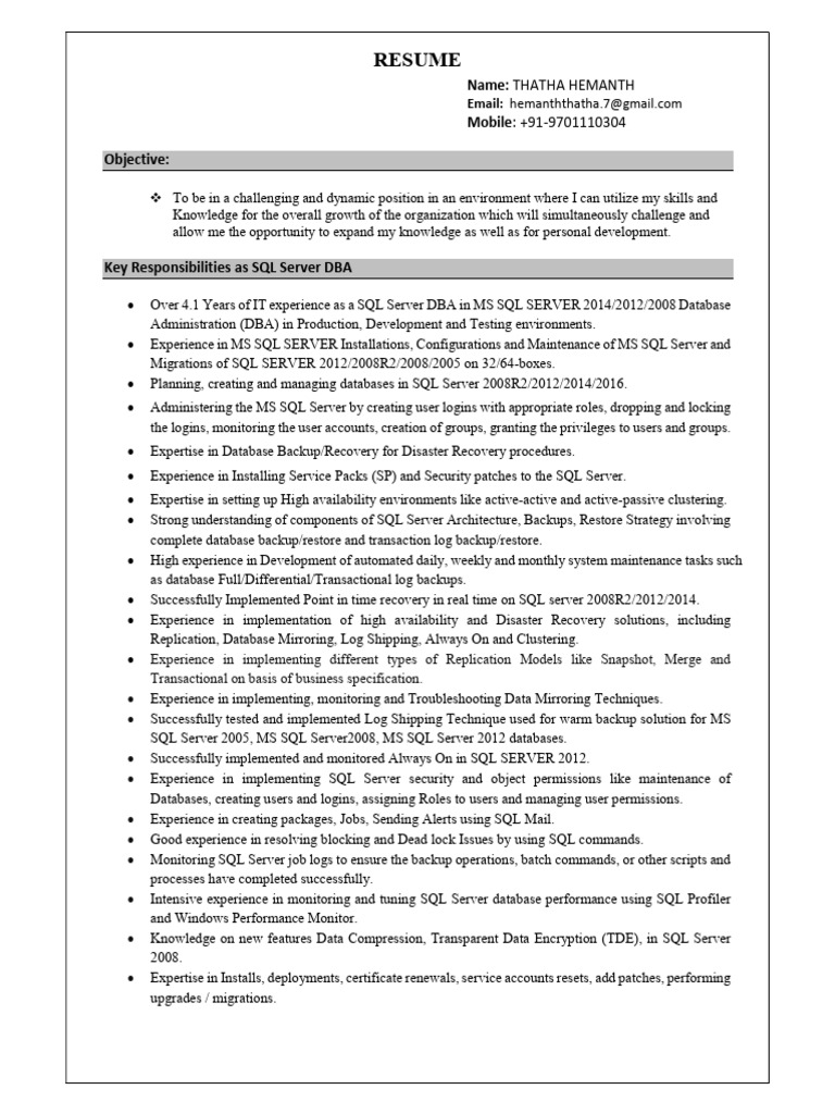 Hemanth SQL DBA Resume | PDF | Microsoft Sql Server | Databases