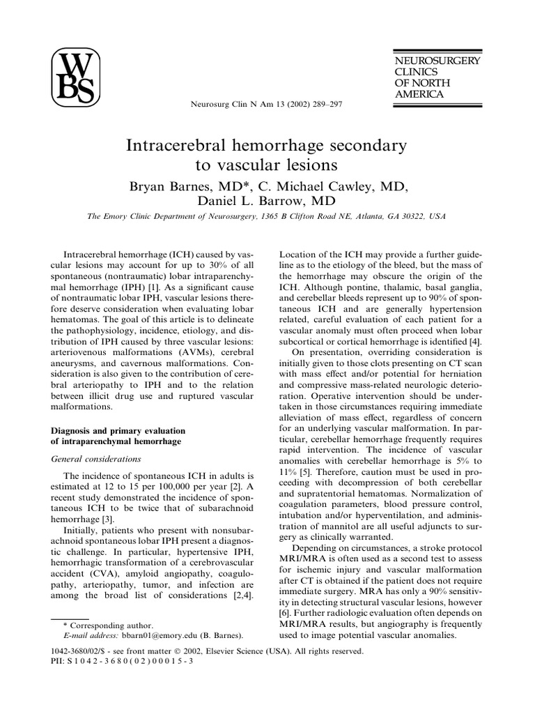 Intracerebral Hemorrhage Secondary To Vascular Lesions | PDF ...
