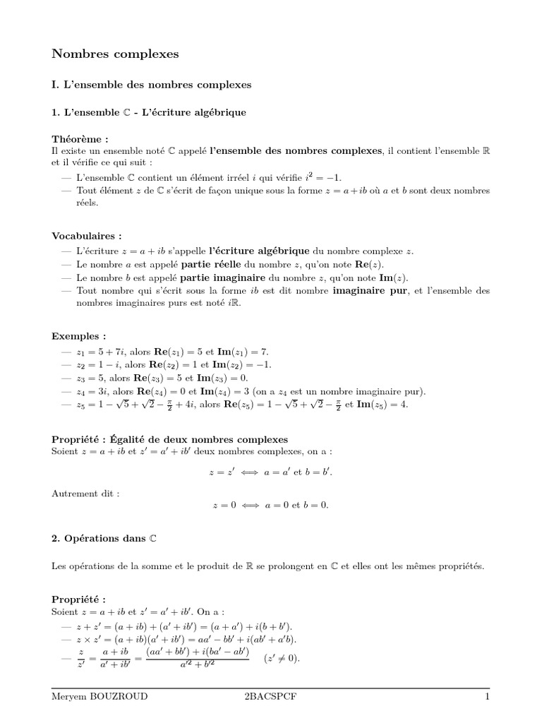 Les Nombres Complexes 2BACPC-2 | PDF | Nombre complexe | Mathématiques ...