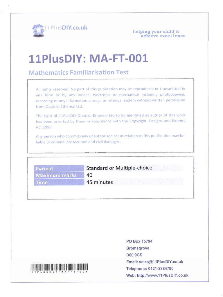 11PLUSDIY MA-FT-001 Mathematics Familiarisation Test | PDF