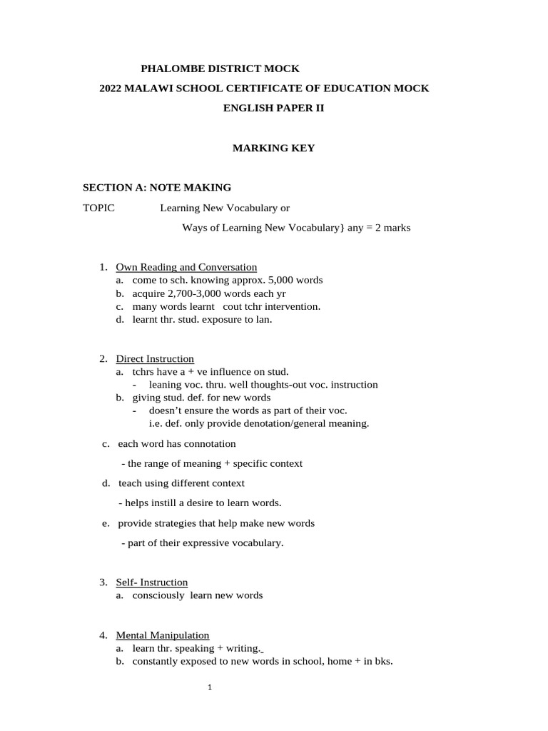 English Paper II Marking Key | PDF