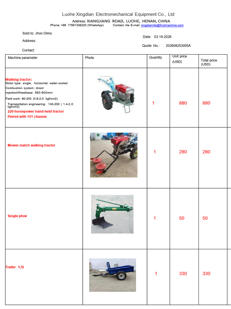 Handheld Tractor Invoice (20 Horsepower) 151 (2026!03!18 20-14-20) | PDF