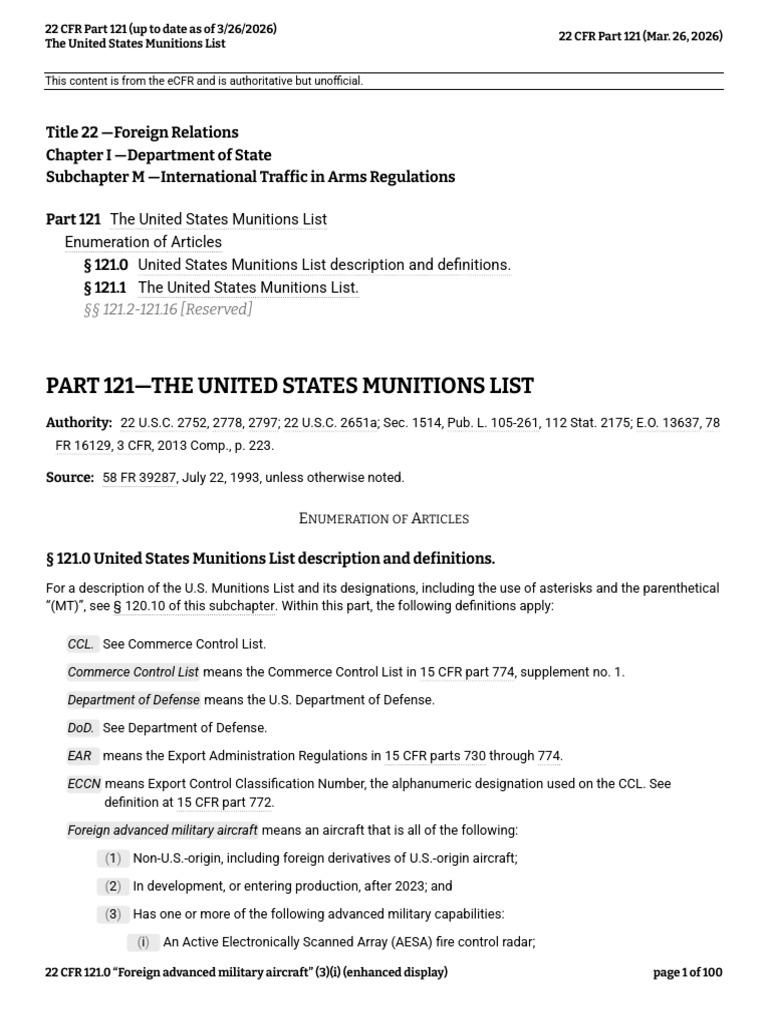 22 CFR Part 121 (Up To Date As of 3-26-2026) | PDF | Ammunition | Firearms