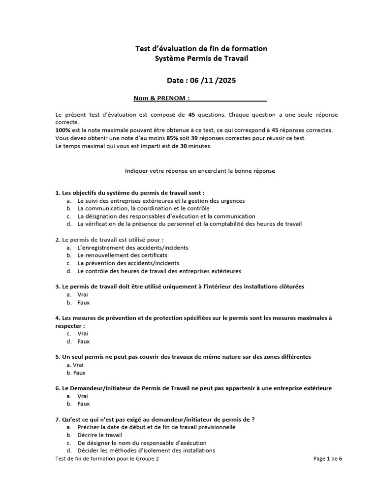 PTW SH - Test de Fin de Formation | PDF