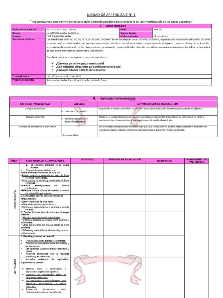 UNIDAD DE APRENDIZAJE N 1 ... 4to Primaria | PDF | Maestros