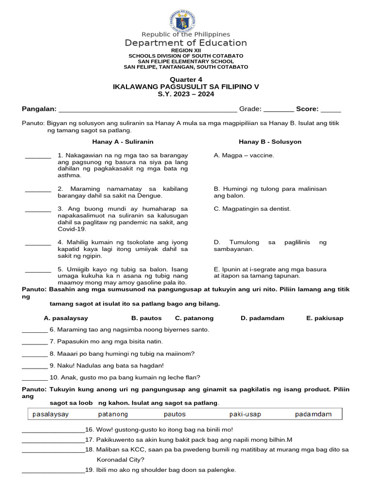2nd Summative Test in Filipino Q4 | PDF