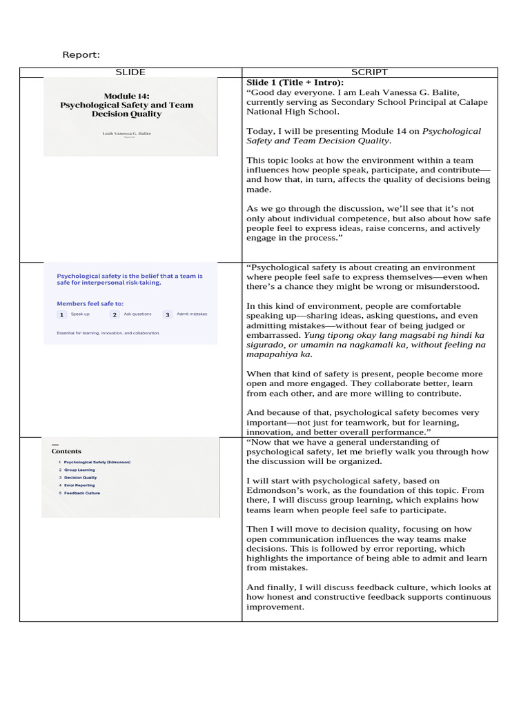 Script Report | PDF | Learning | Fear