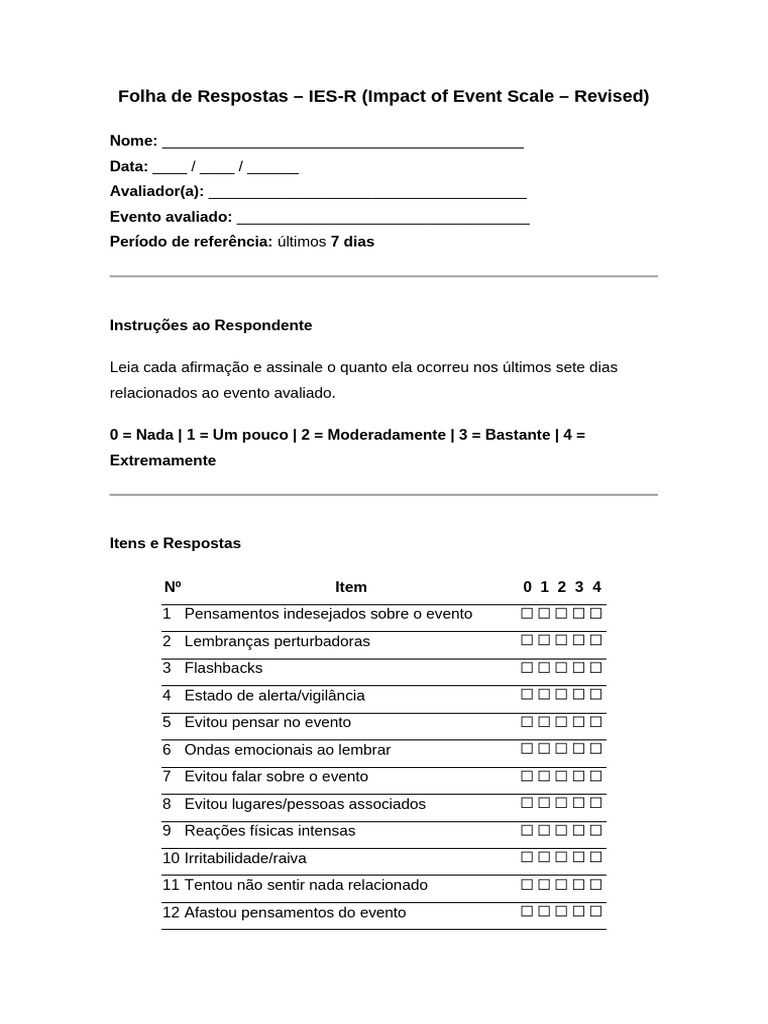 IES-R - Escala de Impacto Do Evento - Revisada (Impact of Event Scale ...