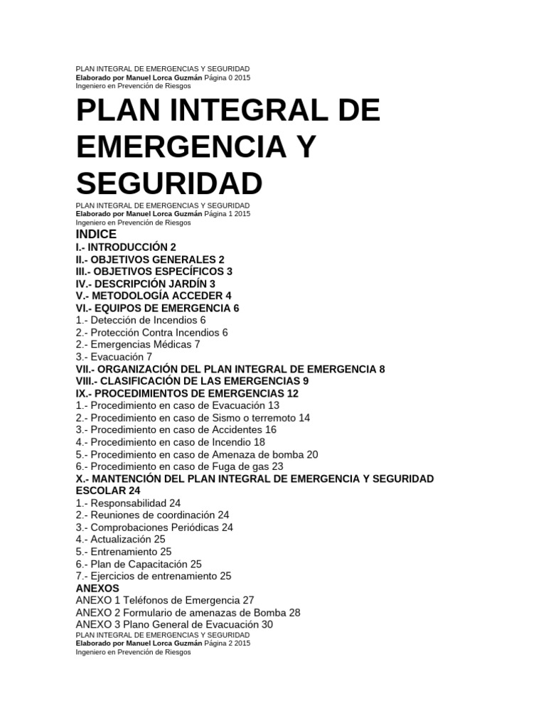 Plan Integral de Emergencias y Seguridad | PDF | Primeros auxilios ...
