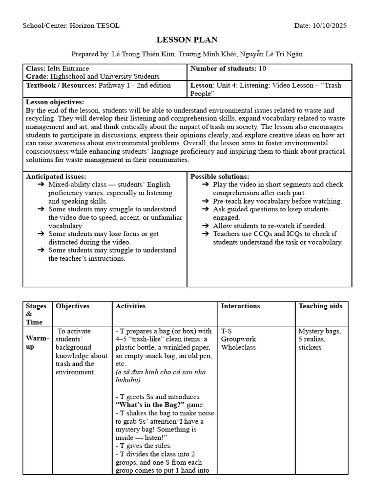 Lesson Plan Pathway 1 Unit 4-Listening | PDF | Waste
