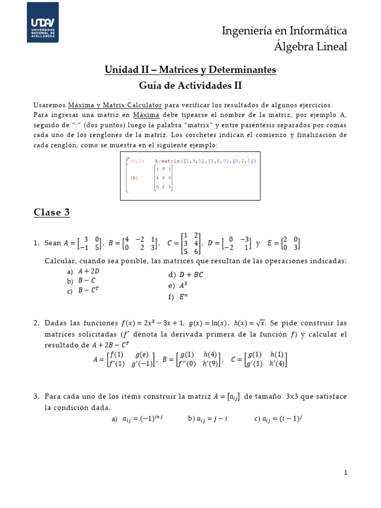 Unidad II - Matrices y Determinantes - Guía de Actividades | PDF ...