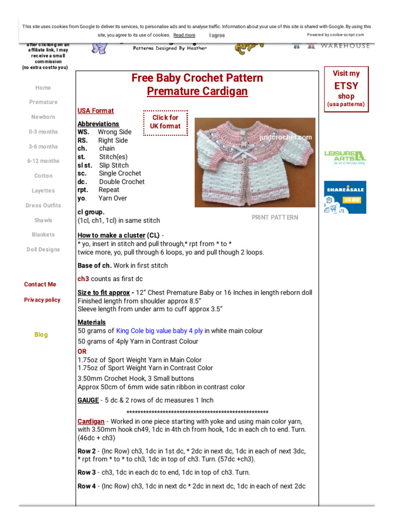 Free Baby Crochet Pattern Prem Cardi Usa | PDF | Crochet | Needlework