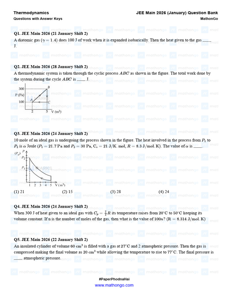 Thermodynamics - JEE Main 2026 (Jan) - MathonGo | PDF