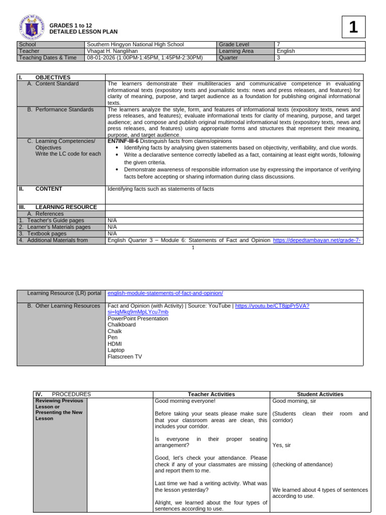 Detailed Lesson Plan A-J Sample 1 | PDF | Lesson Plan | Question
