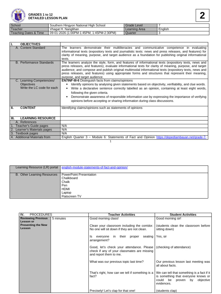 Detailed Lesson Plan Matatag Sample 2 | PDF | Lesson Plan | Cognition